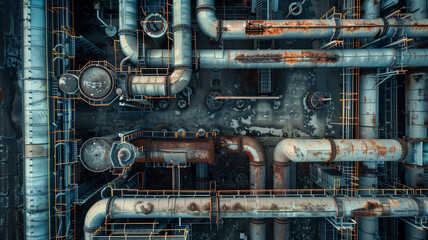 A rusty pipe system with a lot of pipes and valves - obrazy, fototapety, plakaty