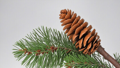 Pine tree branch and cone isolated on white - obrazy, fototapety, plakaty