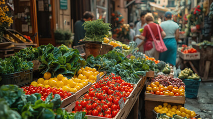 Fototapeta na wymiar Selling fresh greens at street market in southern Italy.