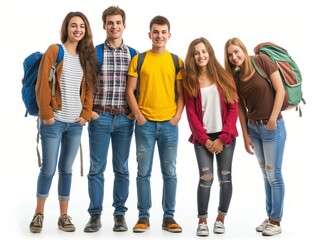 A cheerful group of five young students with backpacks smiling and standing against a white background.