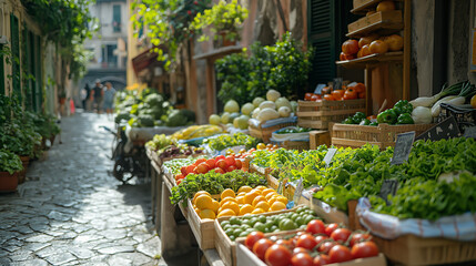 Fototapeta na wymiar Selling fresh greens at street market in southern Italy.