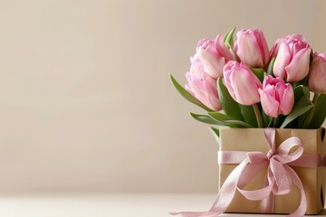 Obraz na płótnie Canvas Womens Day Gift with Pink Tulips