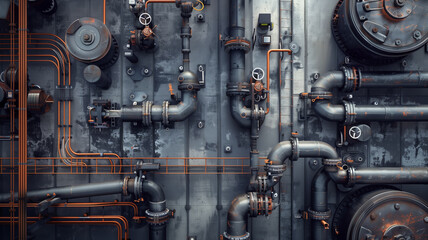 A close up of a rusty pipe system with a lot of valves and pipes