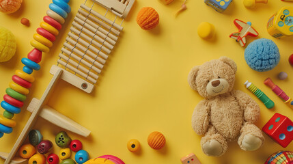 Baby kids toy background with teddy bear, wooden and musical toys, abacus, plane