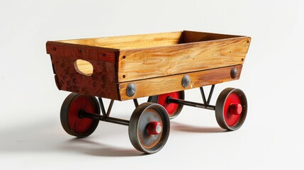 Children's wood and metal wagon toy isolated on a white background - obrazy, fototapety, plakaty