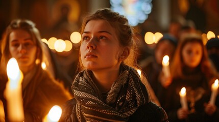 Young woman praying in the church Surrounded by people holding candles and illuminating the space with warm light. ai generated.