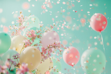 Fototapeta na wymiar summer flowers, balloons, blured confetti floating on a pastel green background, summertime party festive background
