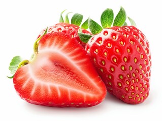 Vibrant fresh strawberries with one cut in half, showcasing the juicy texture and seeds.