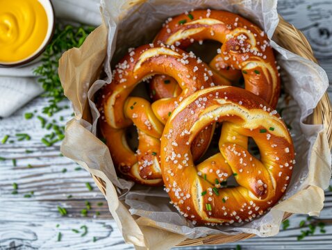 Pretzels in a basket with mustard and cheese sauce. National Soft Pretzel Month