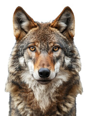 Timber wolf headshot with intense gaze on transparent background - stock png.