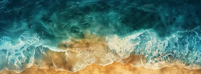 Rolgordijnen Aerial view of ocean waves, ocean texture in the style of blue and white colors, top down view. Panoramic view of the ocean with large waves © Sabina Gahramanova