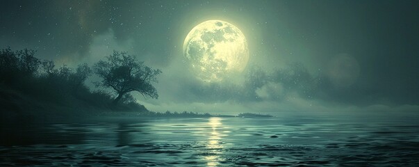 Fototapeta na wymiar Mystical Moonlit Lake Realistic, Moonlight, Depth of Field Bokeh Effect