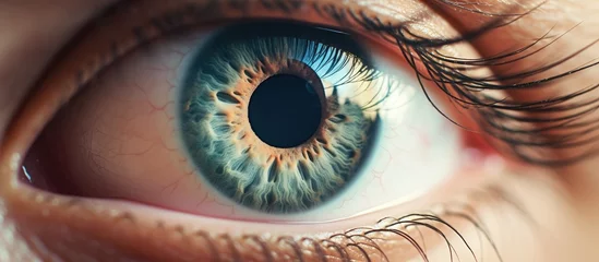 Fototapeten A macro photography closeup of a human bodys blue iris with long eyelashes, creating an electric blue circle of art captured by cameras optics © 2rogan