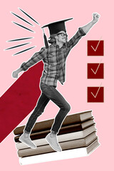 Vertical photo collage young happy joyful energetic nerd student university books preparation...