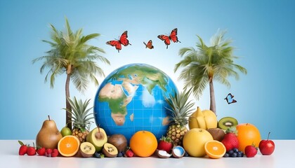 Fototapeta na wymiar World health day theme with fruits medical tools and world globe along with fruits, trees and butterflies rainbow blue clear sky with a sun and earth