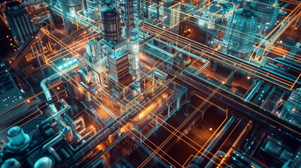 Fototapeta premium Futuristic Factory in Operation, holographic wireframe digital technology
