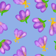 seamless pattern watercolor drawing violet flowers on a blue background