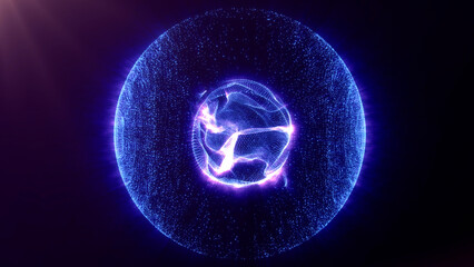 Digital abstract bright glowing rotating particle sphere in the Universe. Animated wave energy orb. Purple and blue. Colorful luminous shiny rotating magical plasma core.