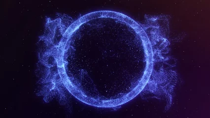 Photo sur Plexiglas Ondes fractales Abstract round bright dynamic digital ring of particles of energy radiates magical waves and fractals. Moving blue plasma waveform sphere reacting to vibrations.