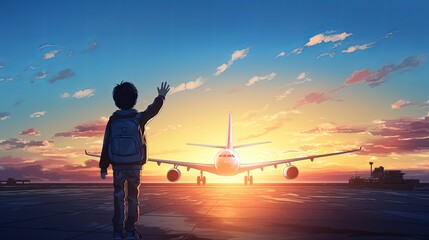 Cinematic shot of a child waving goodbye to a departing plane, anime style , comic ,High definition anime