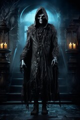 Naklejka premium Grim Reaper Figure in Spooky Mansion Entrance