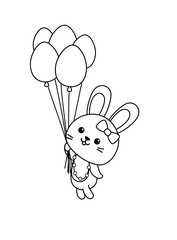 Coloring page with girl rabbit flying by balloons. Black and white bunny and balloons. Vector