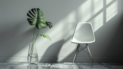 Monochrome scene featuring chair with single green leaf in glass vase. Minimalist shadows. Monochromatic interiors with leafy greens and designer chairs