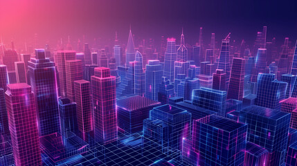 Futuristic Cityscape With Holographic Wireframe Buildings