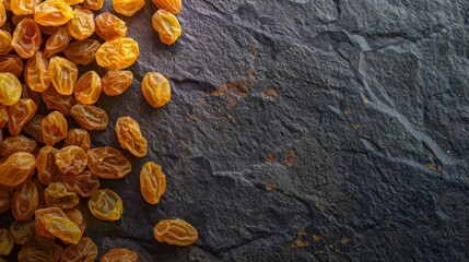 golden raisins on a dark stone background - obrazy, fototapety, plakaty