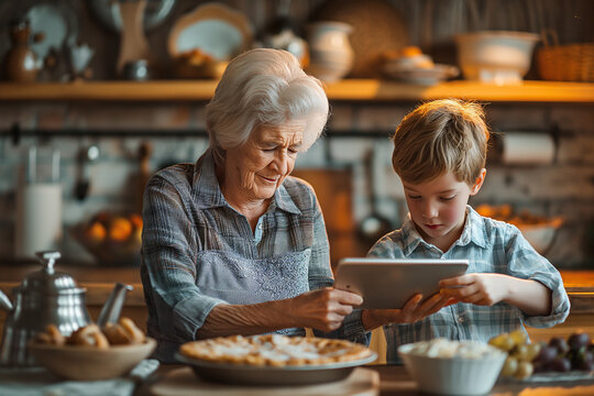 Grandmother and grandson using tablet while baking pies for the holiday