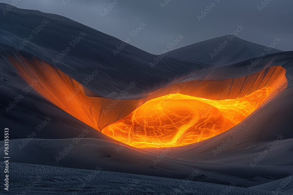 Poster fire in a desert cave. surreal background image. created with generative ai technology.