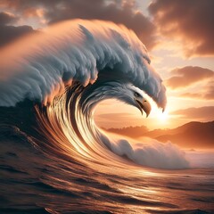 A picture of a giant wave rising from the sea and taking the shape of an eagle in the air. - obrazy, fototapety, plakaty