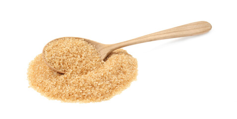Pile of brown sugar and wooden spoon isolated on white
