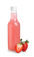 Delicious kombucha in glass bottle and strawberries isolated on white