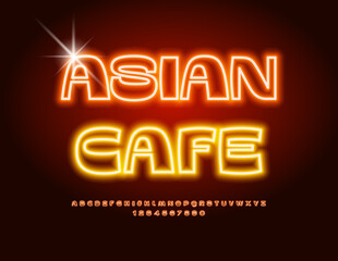 Vector advertising logo Asian Cafe. Orange Neon Font. Creative style Alphabet Letters and Numbers set