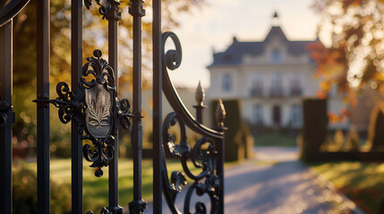 Elegant Wrought Iron Gate, Historical Estate, Autumn Evening