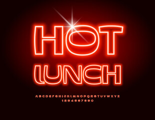 Vector neon advertisement Hot Lunch. Red Glowing Alphabet Letters and Numbers set. Stylish Electric Font.