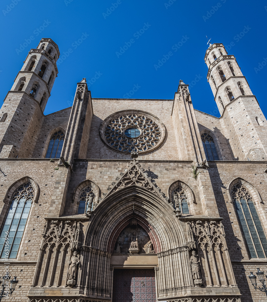 Sticker People in front of main facade of Santa Maria del Mar church in Ribera district of Barcelona, Spain