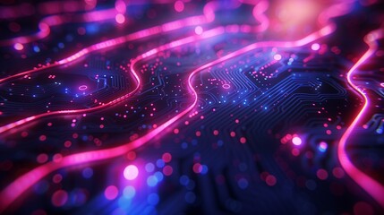 Closeup of a circuit board with electric blue and magenta lights