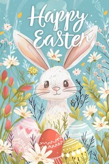 Cute cartoon illustration of an Easter bunny holding large colorful eggs, surrounded by spring flowers and the text "Happy easter", in a pastel color styl