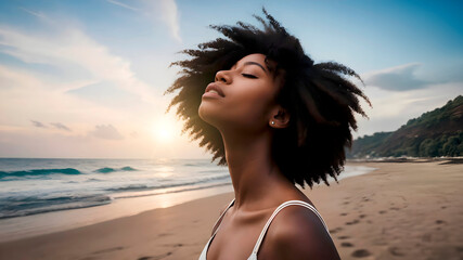 Black woman with afro hair breathes fresh air on the beach with her eyes closed and enjoying the tranquility at sunset. Relaxed afro black woman breathes fresh air natural and healthy beach lifestyle 