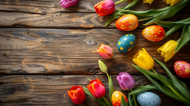 Easter background, Colorful tulips and easter eggs on wooden background with copy space,  Minimal Easter celebration concept