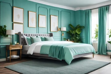 interior design of modern bedroom with mint color wall