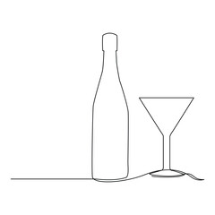 wine bottle and glass continuous one line art drawing minimalist design vector and illustration