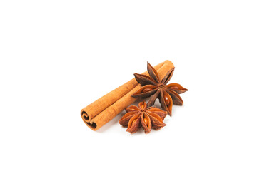 Cinnamon sticks and anise isolated on white background. Cinnamon roll and star anise. Spicy spice for baking, desserts and drinks. Fragrant ground cinnamon.