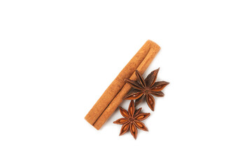 Cinnamon sticks and anise isolated on white background. Cinnamon roll and star anise. Spicy spice for baking, desserts and drinks. Fragrant ground cinnamon.