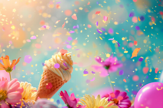 flowers, balloons, ice cream cones, blured confetti floating on a vibrant background, summer festive party concept