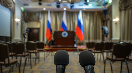 Press conference setting, empty room, microphones set up in the foreground, empty chairs and a podium with a national flag in the background