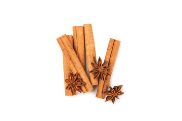 Cinnamon sticks and anise isolated on white background. Cinnamon roll and star anise. Spicy spice for baking, desserts and drinks. Fragrant ground cinnamon.