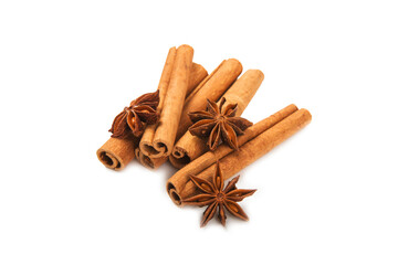 Cinnamon sticks and anise isolated on white background. Cinnamon roll and star anise. Spicy spice for baking, desserts and drinks. Fragrant ground cinnamon.